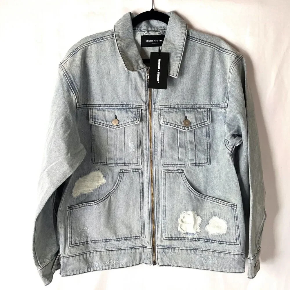 NWT Homme + Femme Light Wash distressed denim Work jacket Sz S Full zip